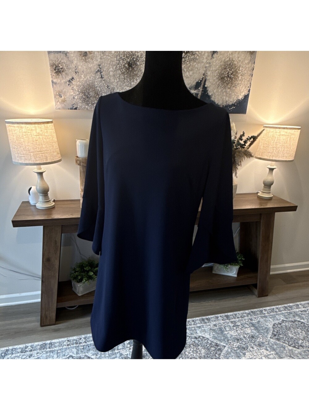 Vince Camuto Navy Chiffon Shift Round Neck Cape 3/4 Sleeve Zip Back Dress 6